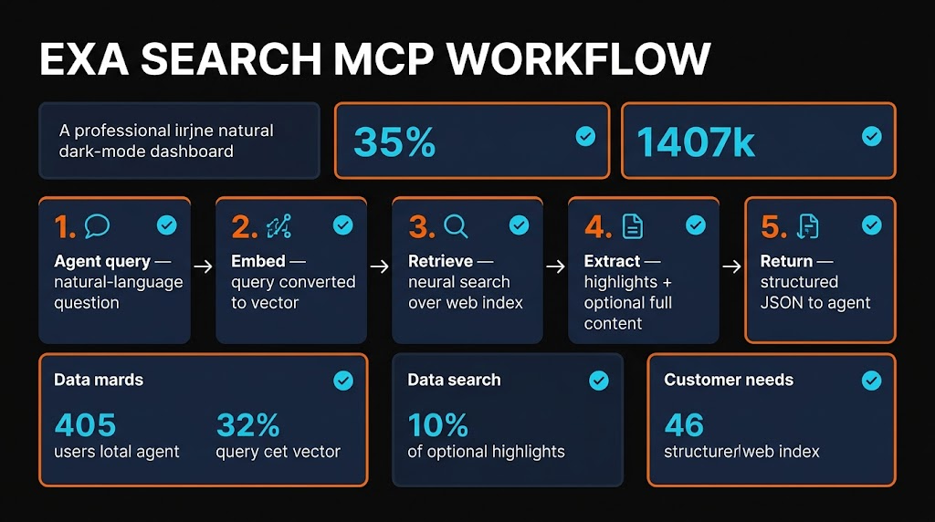 Exa Search MCP 5-step search pipeline — query, embed, retrieve, highlight, return