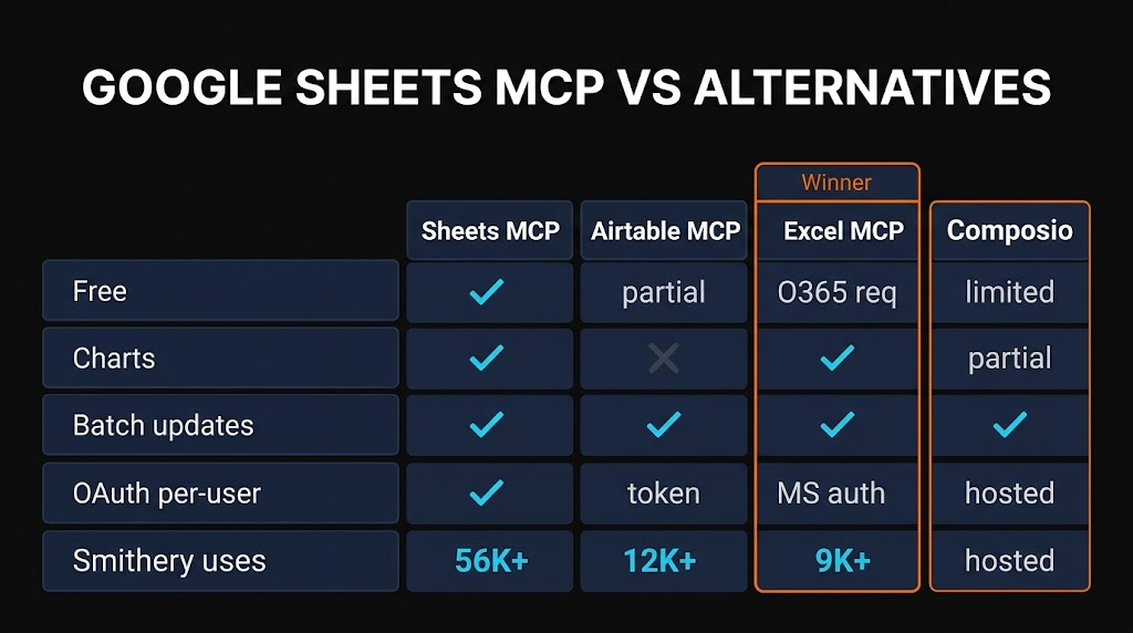 Google Sheets MCP vs Airtable MCP vs Excel MCP 8-feature comparison