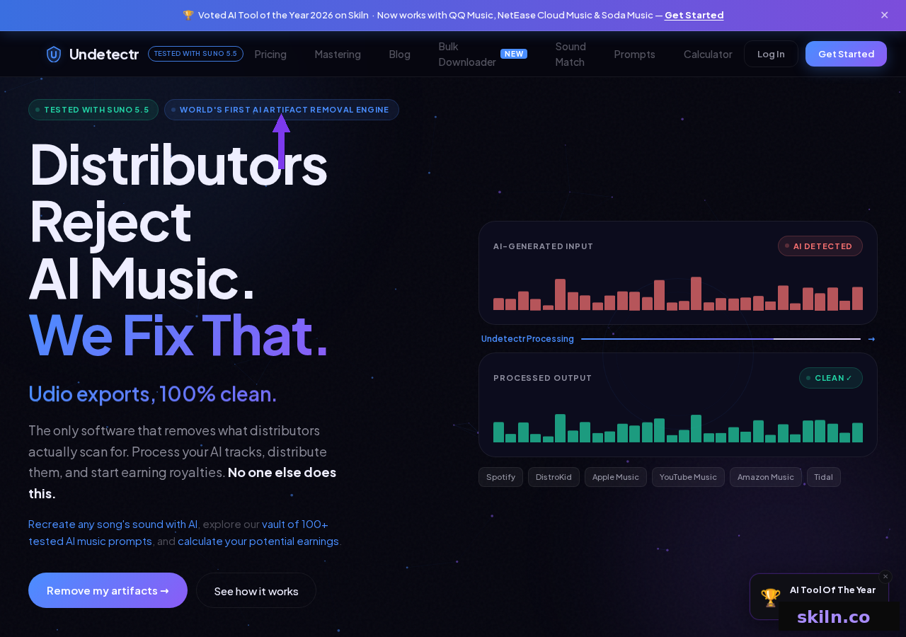 Undetectr homepage showing AI-generated input flagged as AI detected and the processed output marked clean, with Spotify, DistroKid, Apple Music, YouTube Music, Amazon Music and Tidal listed