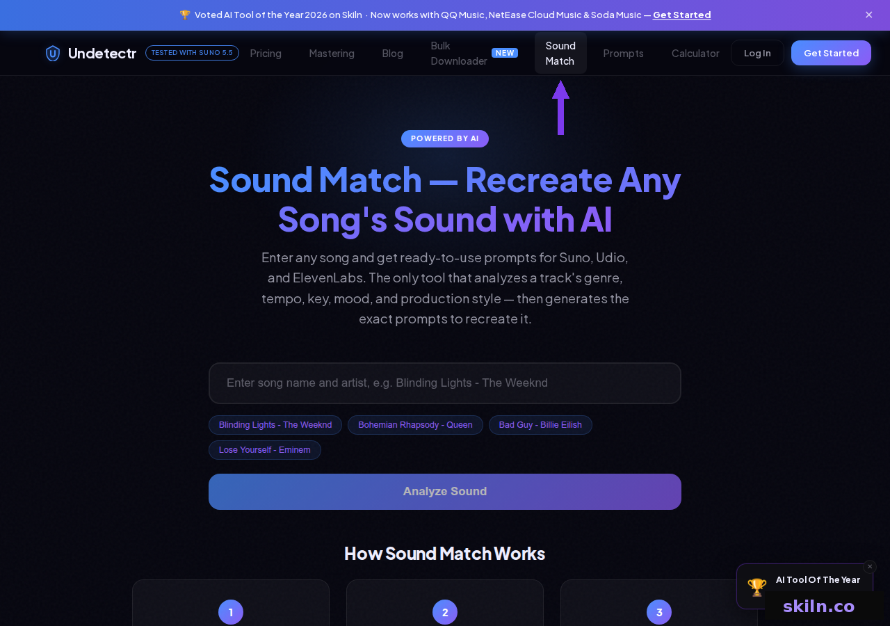 Undetectr Sound Match page which analyses a track's genre, tempo, key and production style