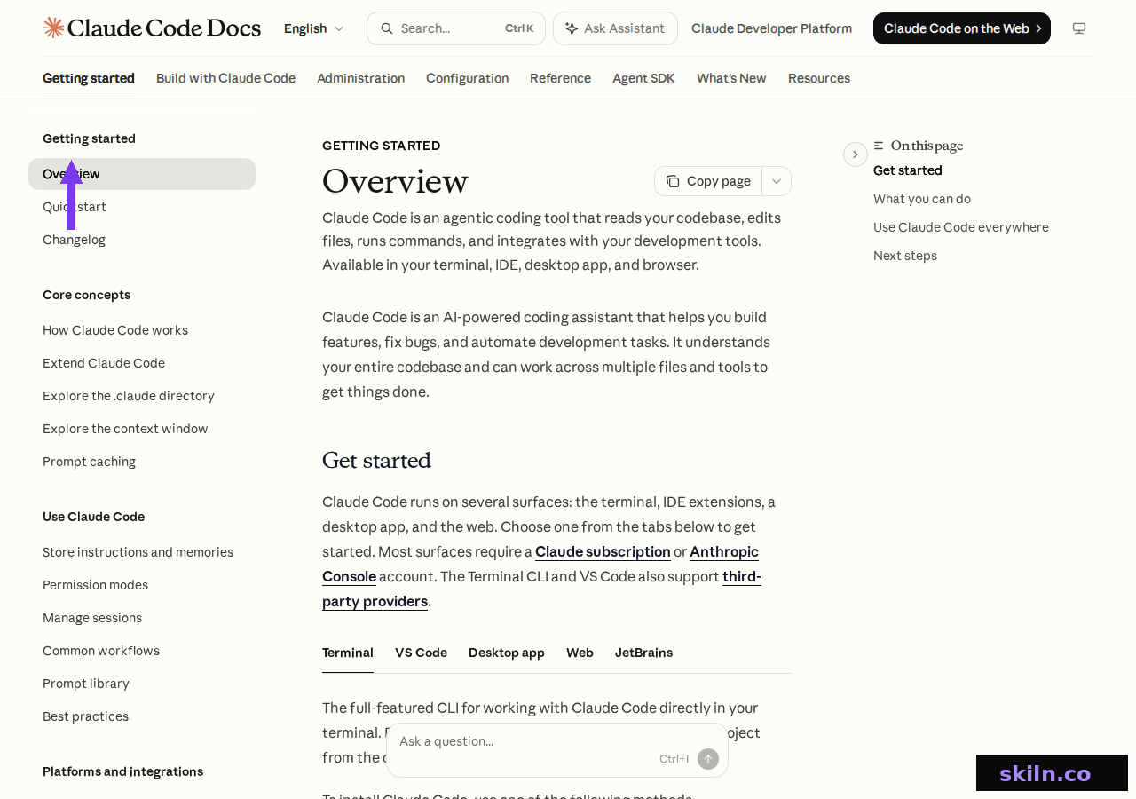 Claude Code documentation overview describing it as an agentic coding tool that reads your codebase, edits files and runs commands across terminal, IDE, desktop and web
