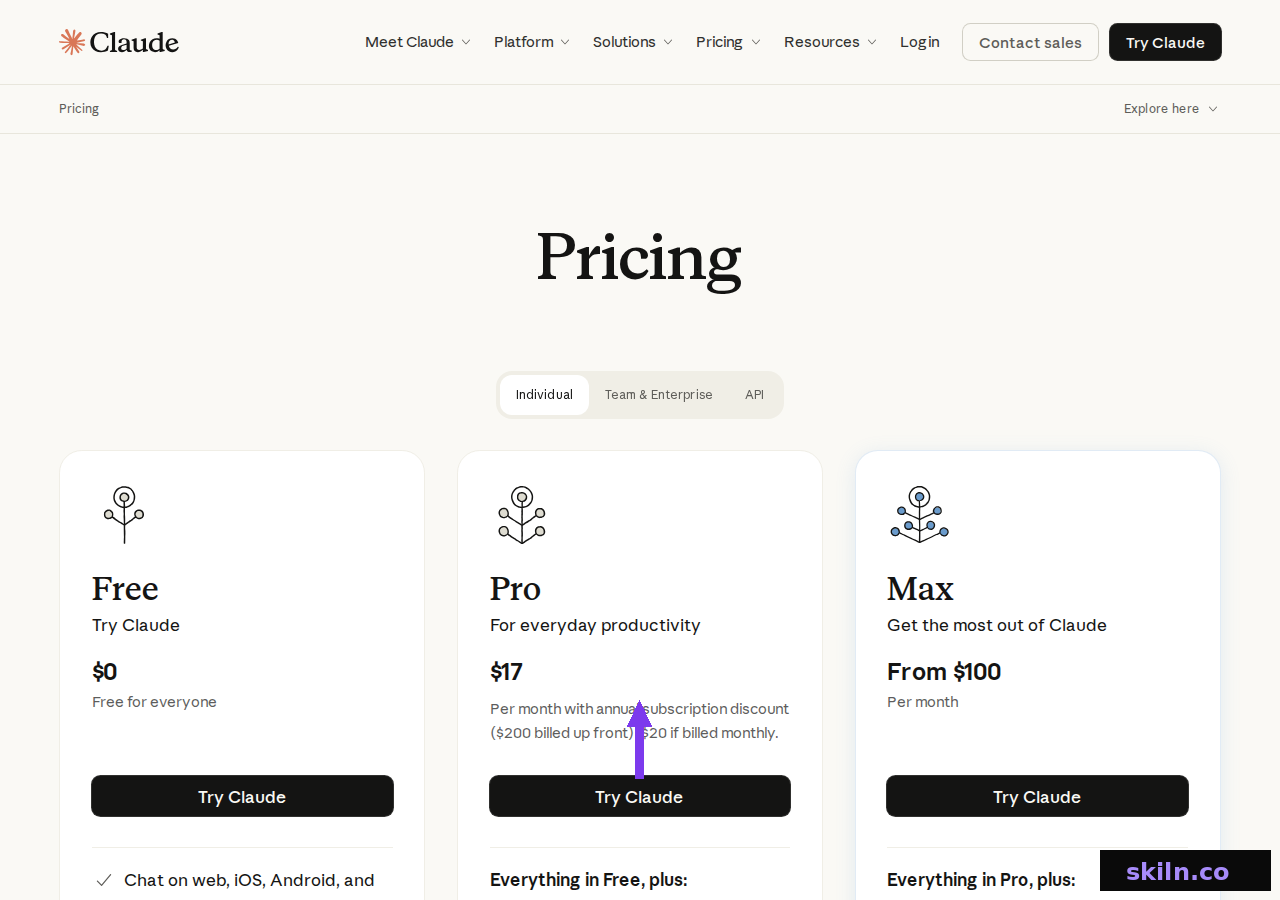 Anthropic pricing page showing Claude Free at 0 dollars, Pro at 17 dollars per month with annual discount and 20 dollars monthly, and Max from 100 dollars per month