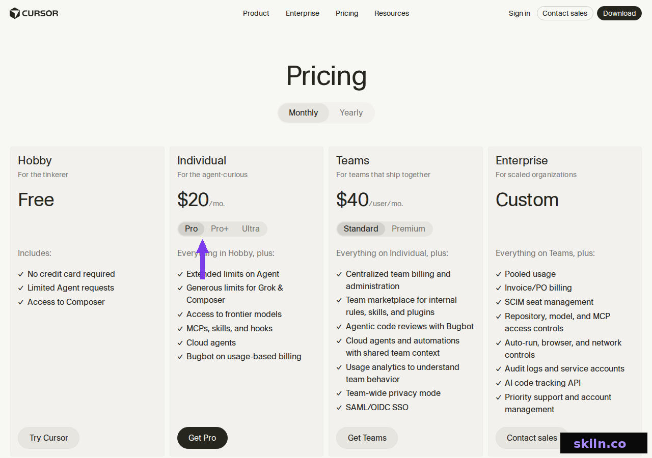 Cursor pricing page showing Hobby free tier, Individual at 20 dollars per month with Pro, Pro Plus and Ultra options, Teams at 40 dollars per user per month, and custom Enterprise pricing