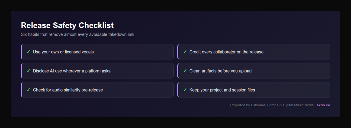 Release safety checklist infographic for AI musicians: use your own or licensed vocals, credit every collaborator, disclose AI use where asked, clean artifacts before upload, check for audio similarity, keep your project files