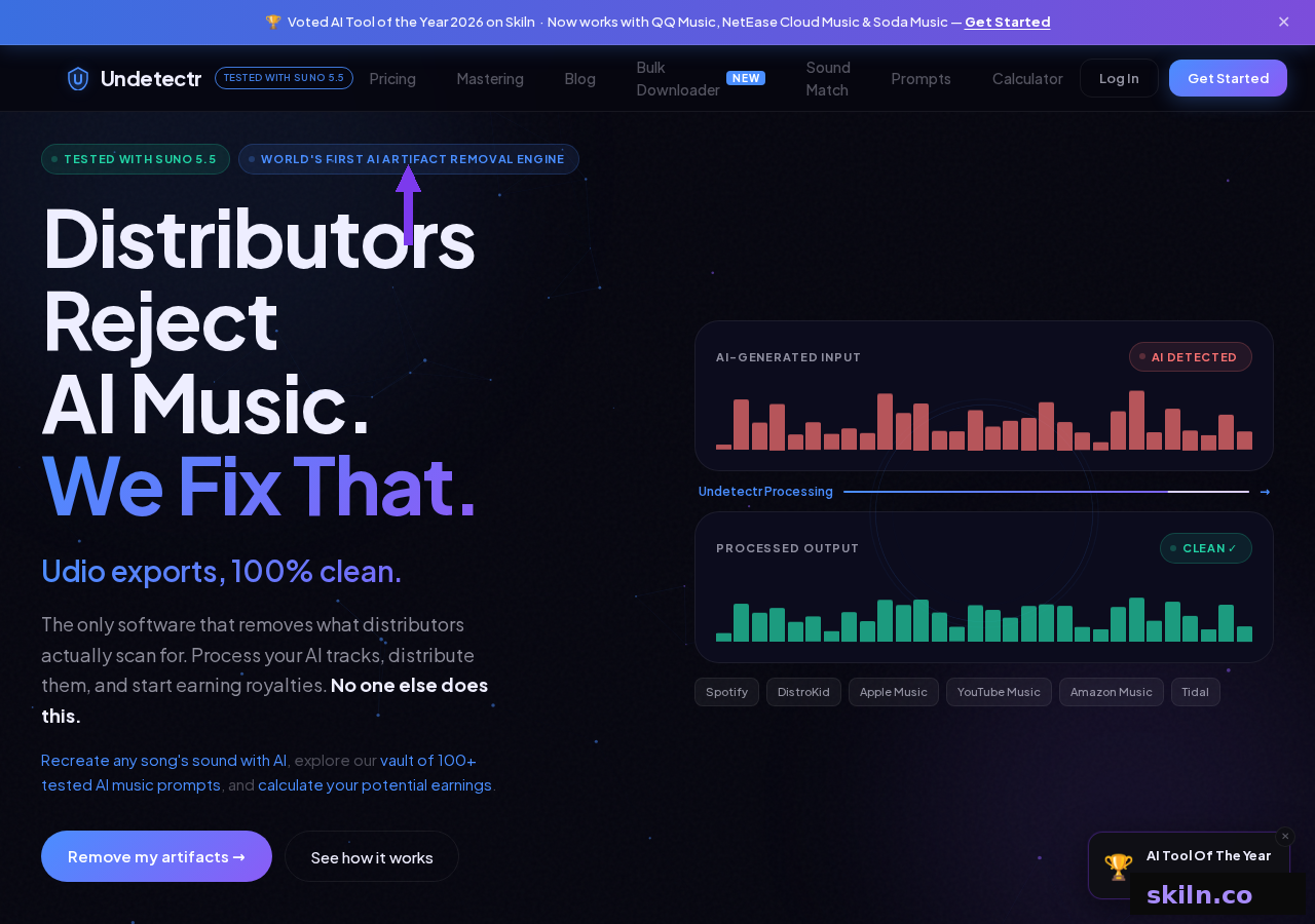 Undetectr homepage showing an AI-generated audio input flagged as AI detected and the processed output marked clean, with Spotify, DistroKid, Apple Music, YouTube Music, Amazon Music and Tidal listed as supported platforms