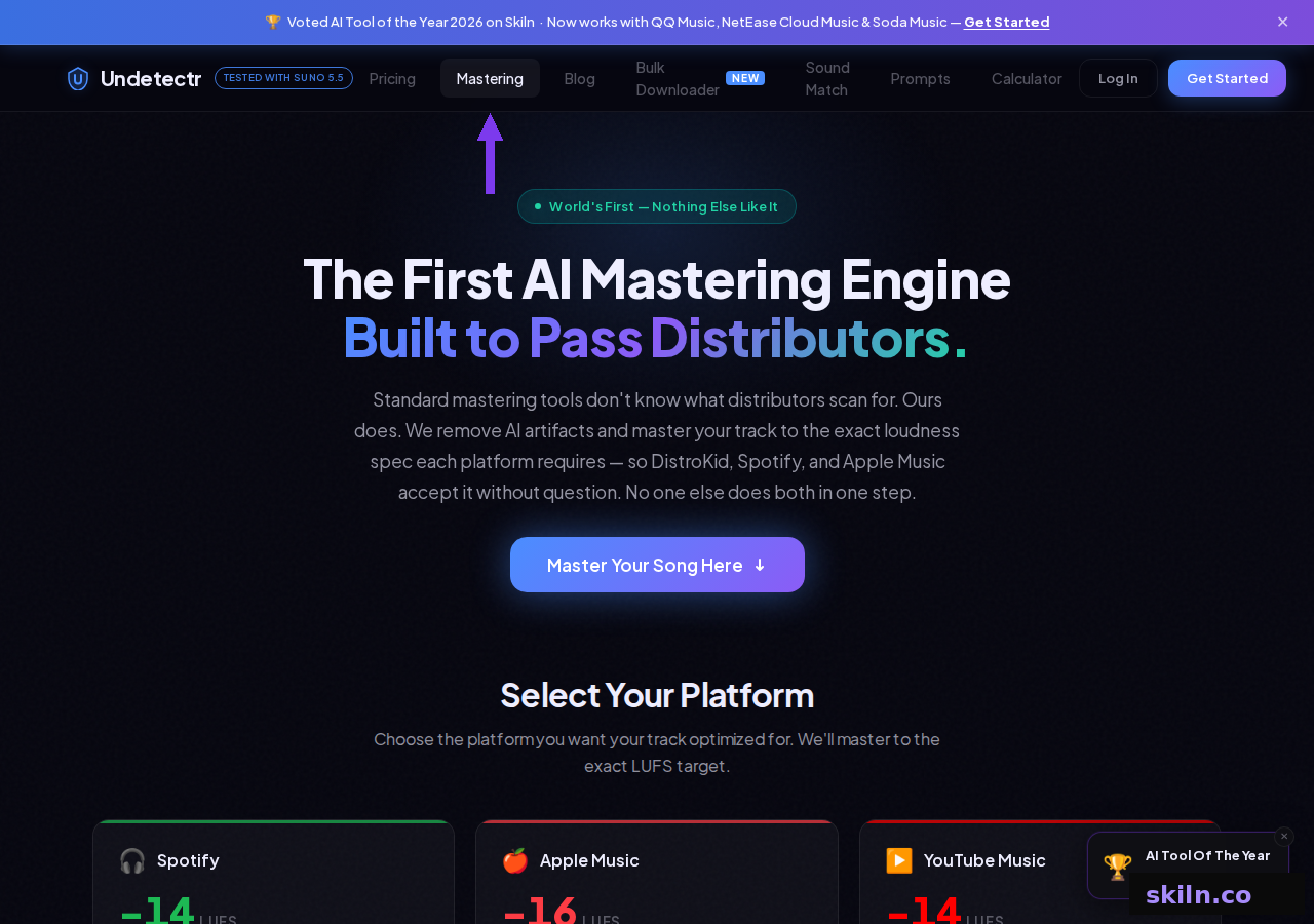 Undetectr mastering page showing per-platform loudness targets in LUFS for Spotify, Apple Music, YouTube Music, Tidal, SoundCloud and Amazon Music