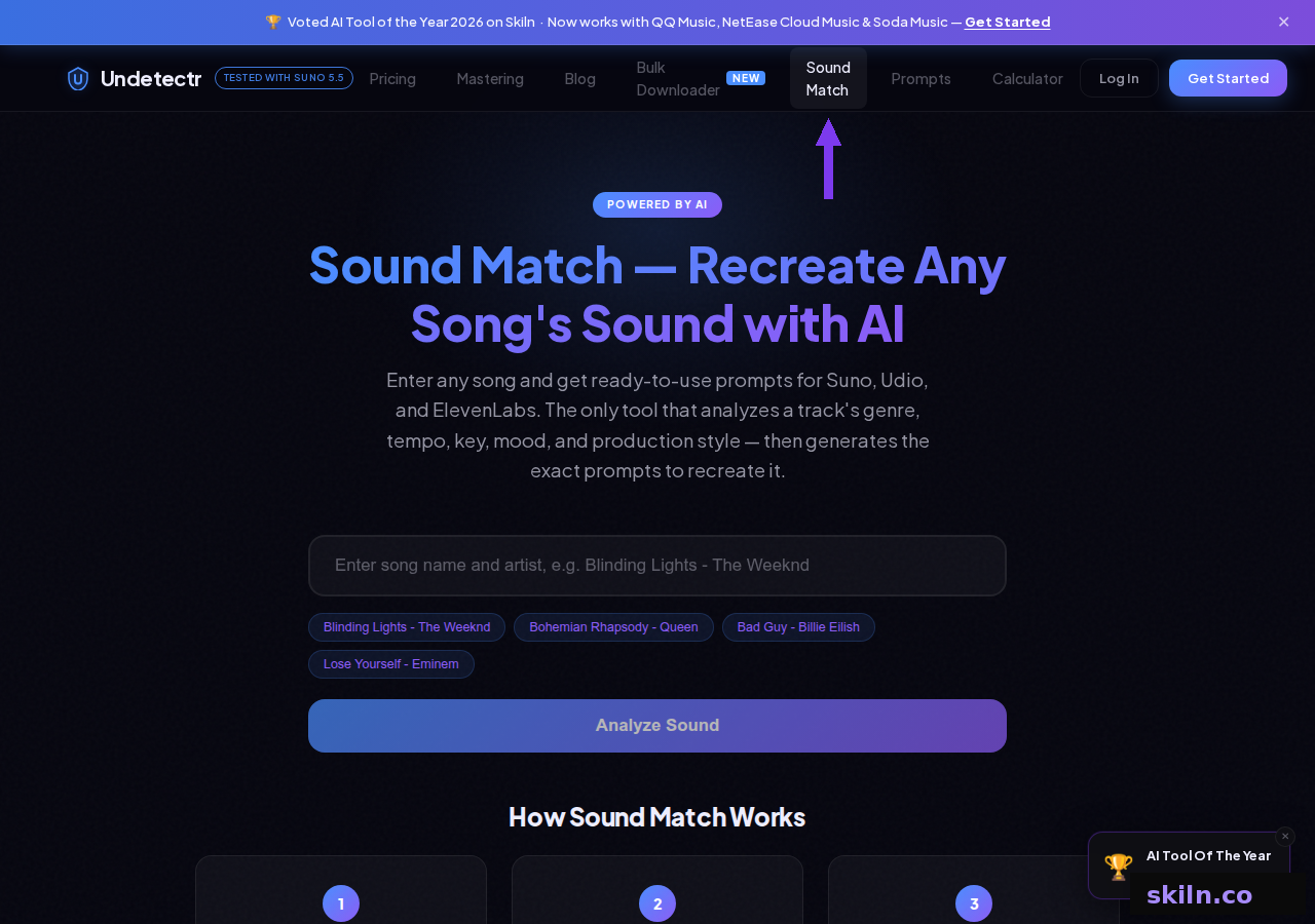 Undetectr Sound Match page which analyses a track's genre, tempo, key, mood and production style to flag similarity before release