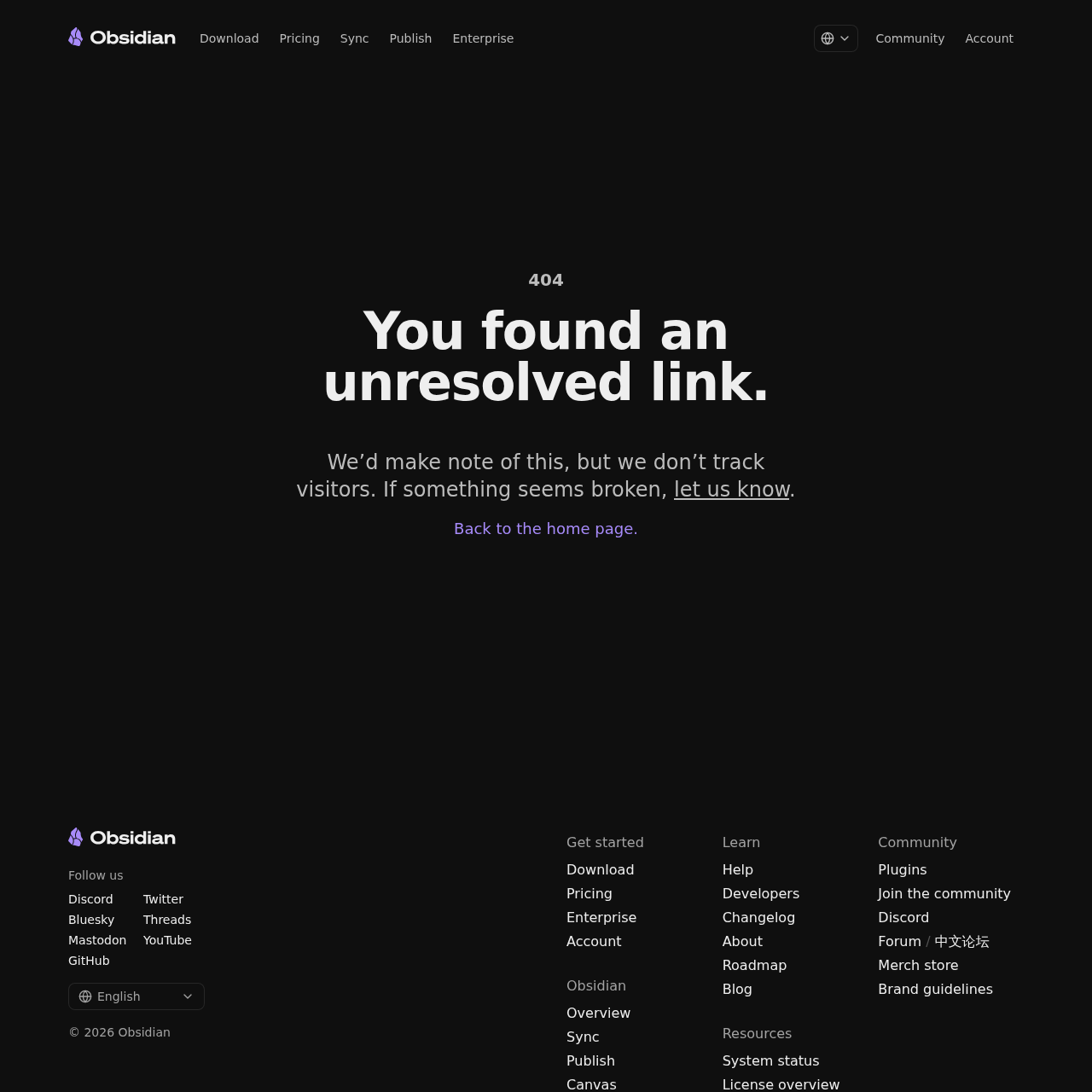 Obsidian features page screenshot
