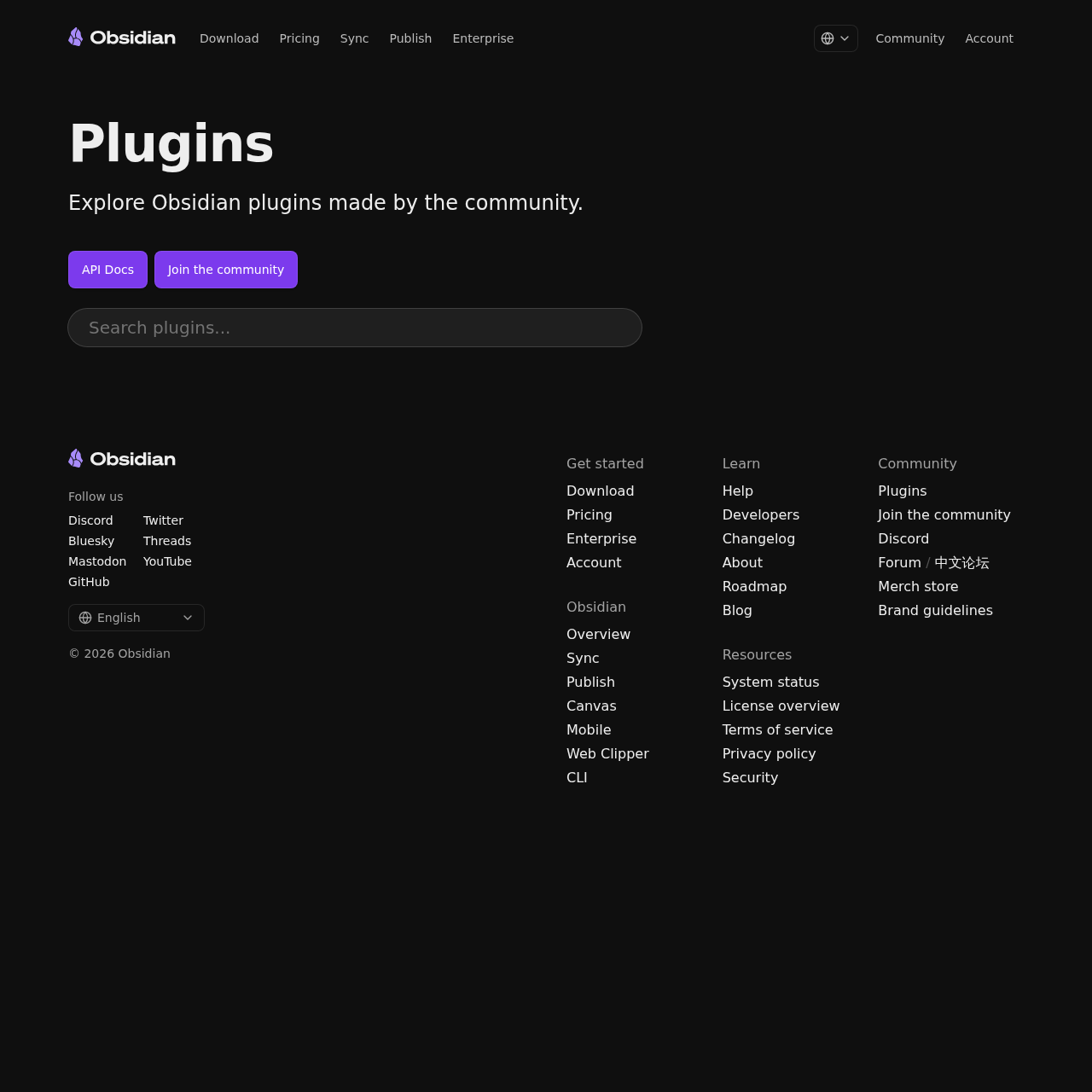 Obsidian community plugins page screenshot