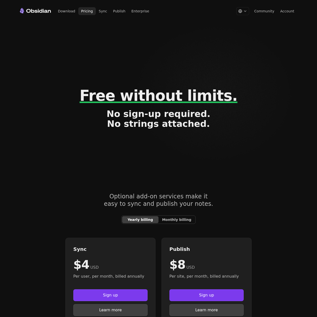 Obsidian pricing page screenshot