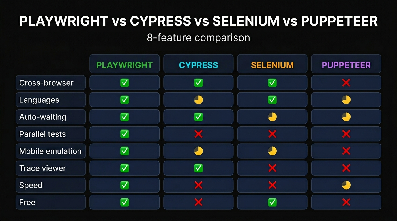 Playwright vs Cypress vs Selenium vs Puppeteer 8-feature comparison