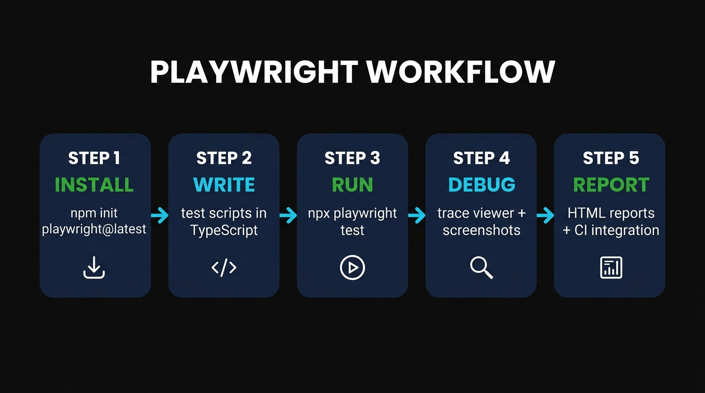 Playwright 5-step workflow: install, write, run, debug, report