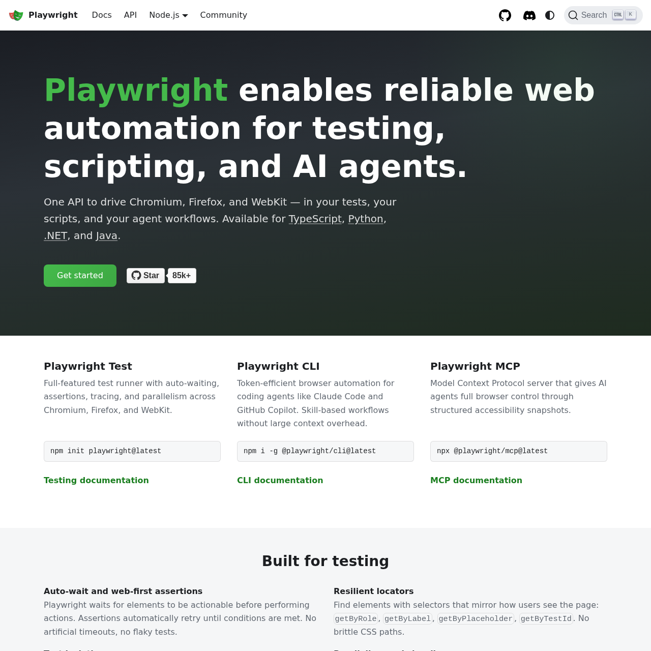 Playwright official website homepage at playwright.dev