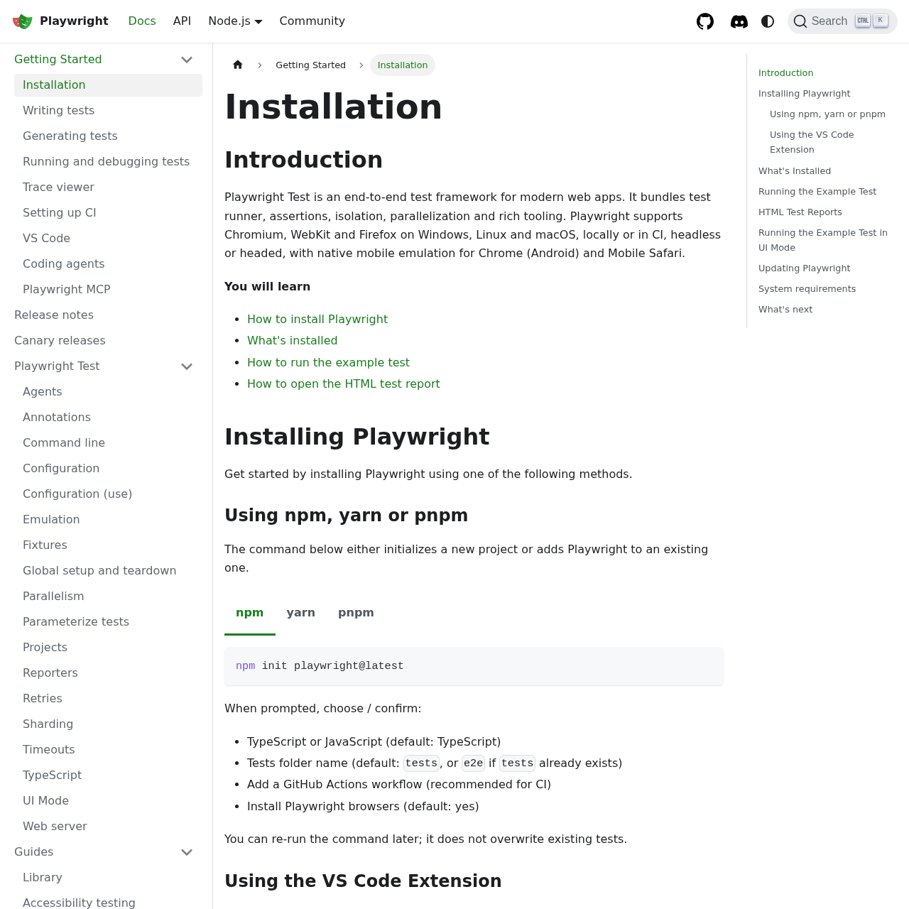 Playwright Getting Started documentation page
