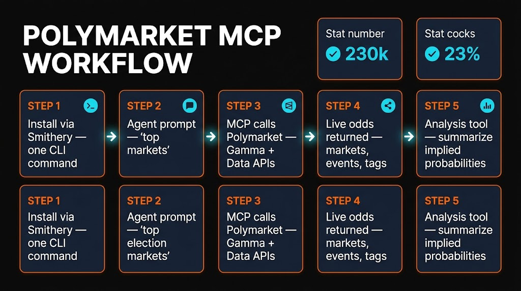Polymarket MCP workflow from user prompt through MCP server to Polymarket API
