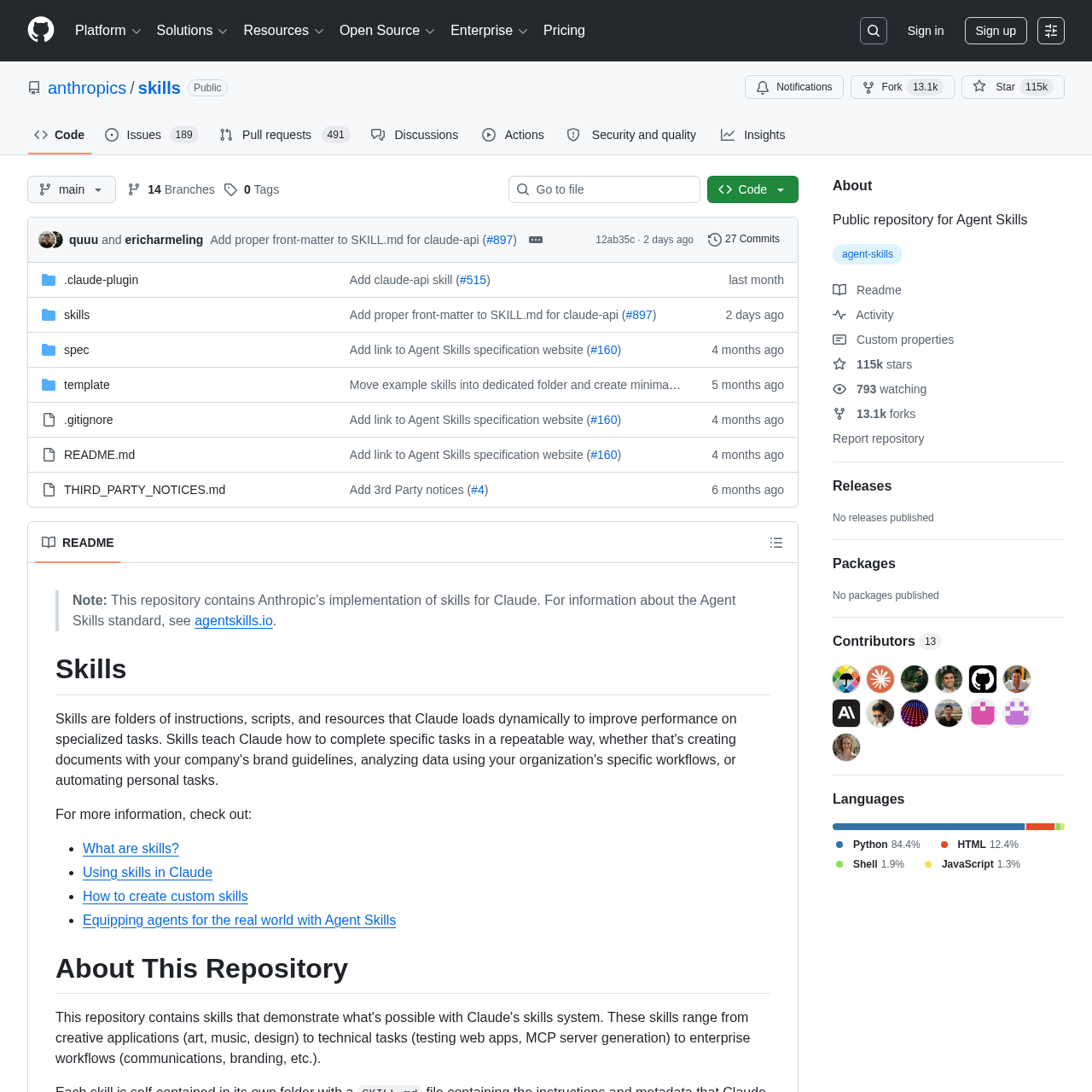 Anthropic skills GitHub repository homepage showing skill-creator and other official skills