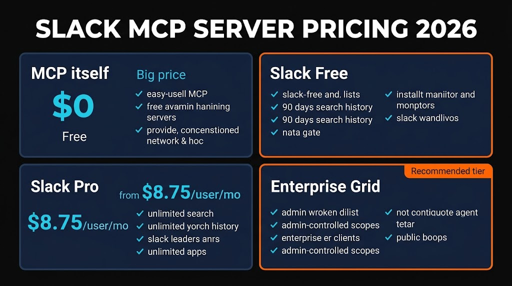 Slack MCP server pricing visual showing it works free across Free, Pro, Business Plus, and Enterprise Grid tiers