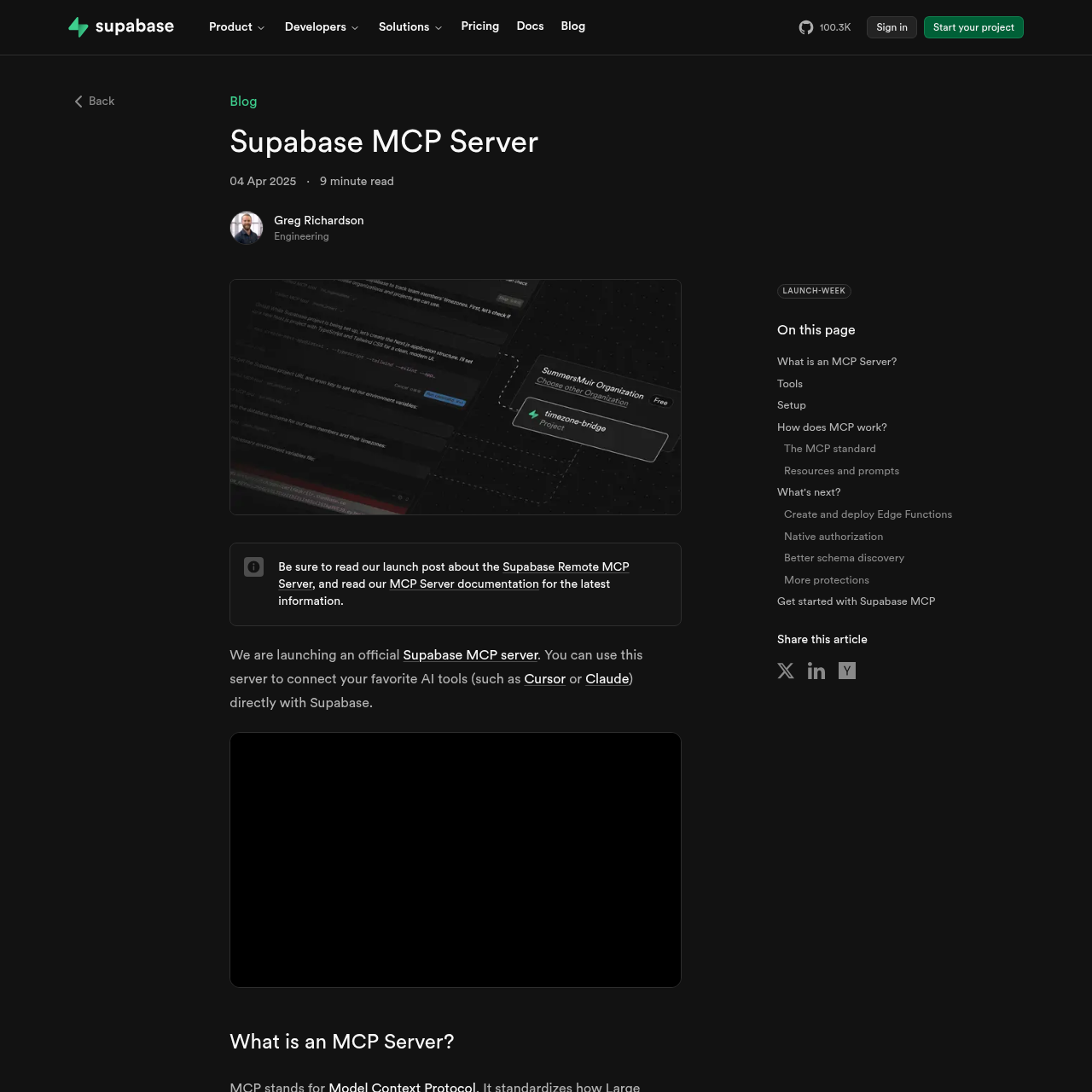 Supabase MCP blog post showing setup instructions and tool documentation