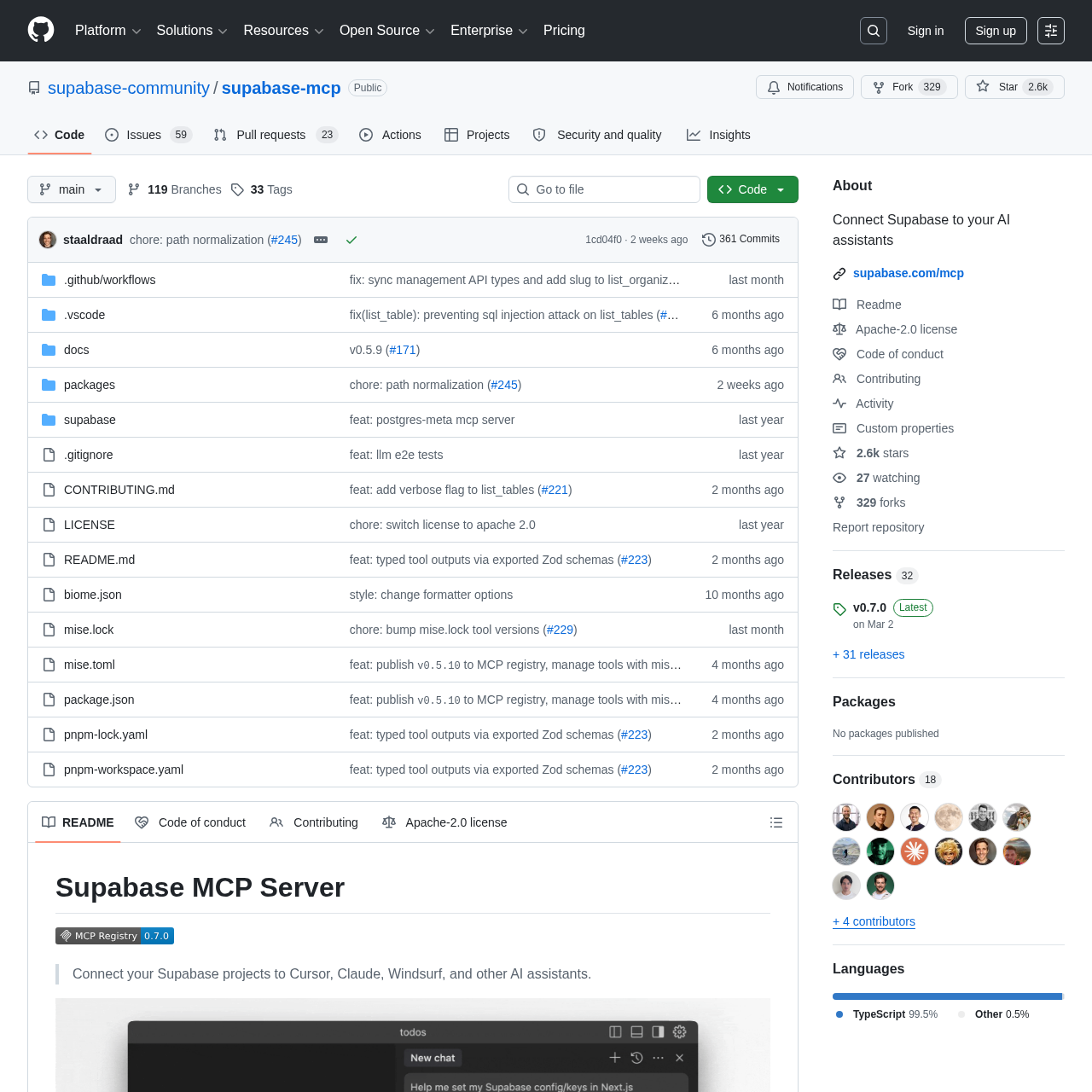 Supabase MCP GitHub repository showing tool list and feature groups
