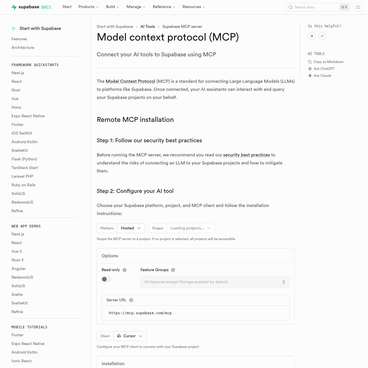 Supabase MCP documentation page showing remote MCP URL and feature groups