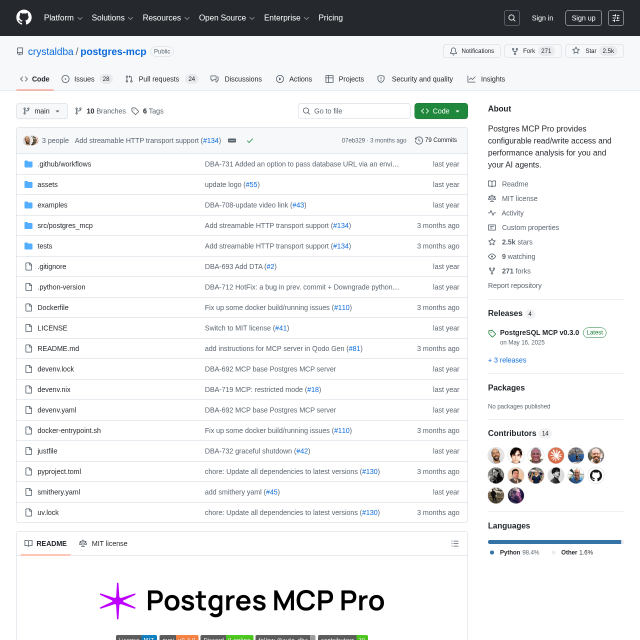 Postgres MCP Pro GitHub repository showing integration options and tool list