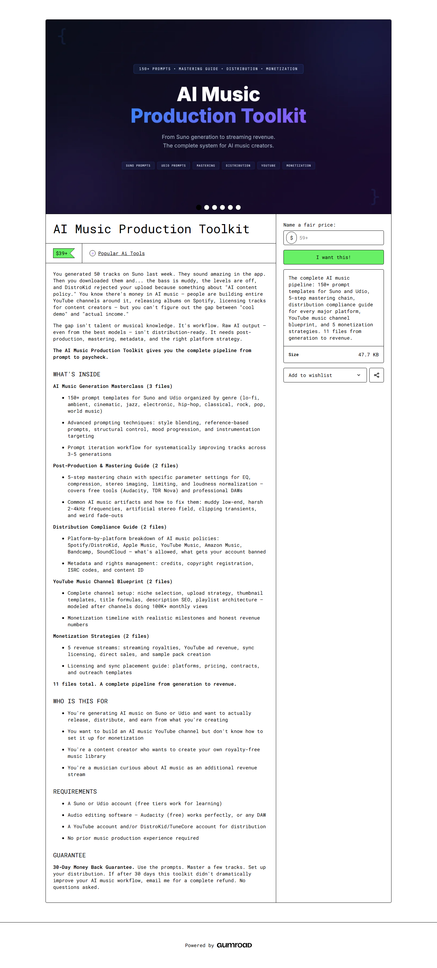 AI Music Production Toolkit — full page on Gumroad